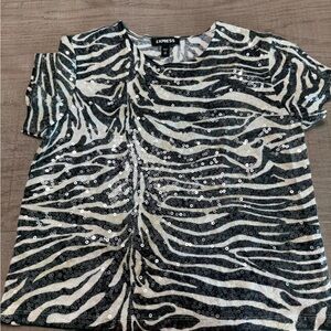 Express Sequin Zebra Print Tee - Black and White